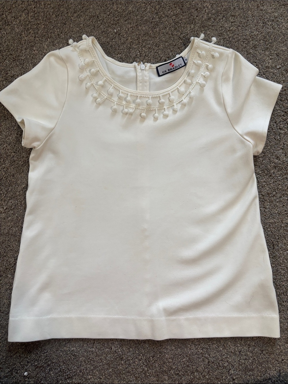 J.C. Penney Cream Pom-Trim Short Sleeve Blouse